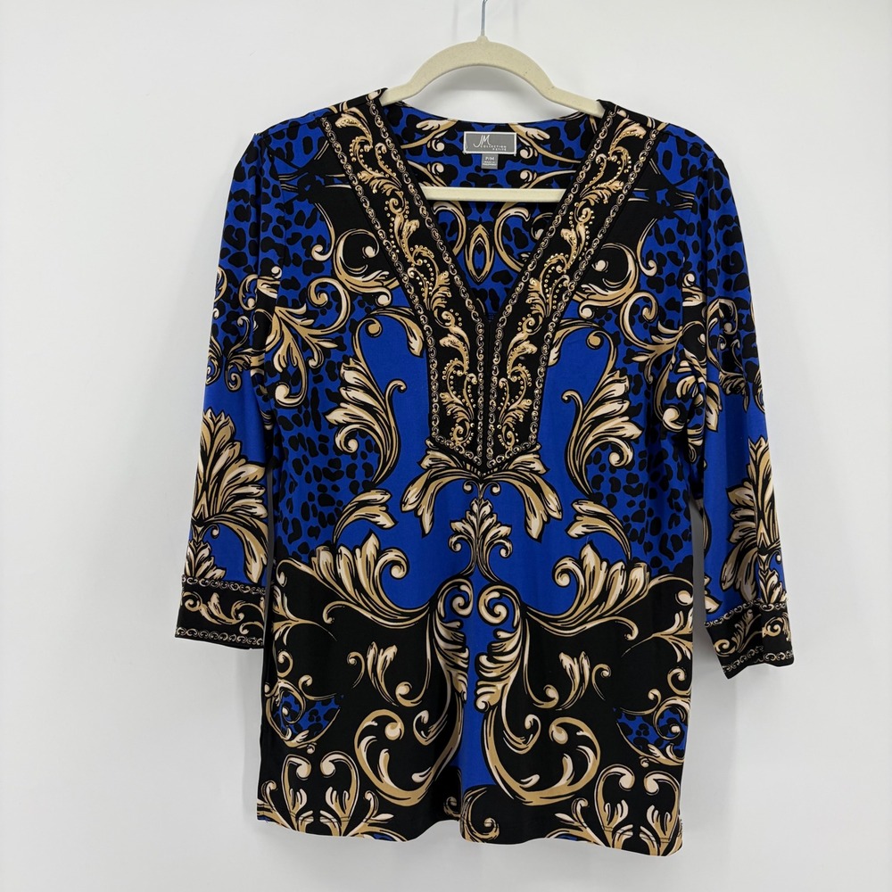 JM Collection Womens PM Blue Baroque Leopard Print 3/4 Sleeve V-Neck Tunic Top